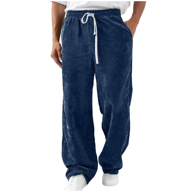 Ceisia Men Solid Color Corduroy Straight Leg Pants Elastic Waist Drawstring Gift Casual Trousers
