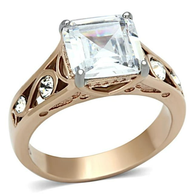 Bague Bicolore en Acier Inoxydable IP Rose avec Grade AAA CZ en Clair - Taille 9