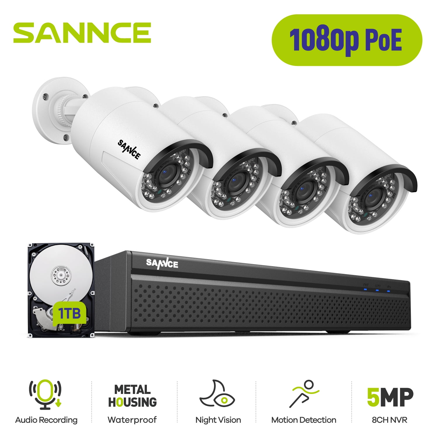 SANNCE POE IP Caméra de surveillance 8ch 5mp NVR 1080p Caméras de surveillance audio ip66 
