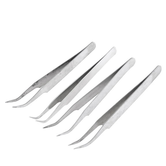 Unique Bargains 4 x Pointed Tip Bent Nose Stainless Steel Tweezer Repairing Tool 4.5' Long