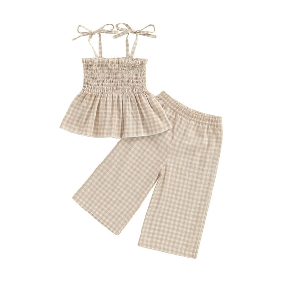 Suealasg Toddler Baby Girl Clothes Sleeveless Tie-Up Spaghetti Strap Plaid Tank Tops Pants Sets 6M 1T 2T 3T 4T 5T Little Girl Summer 2Pcs Outfits