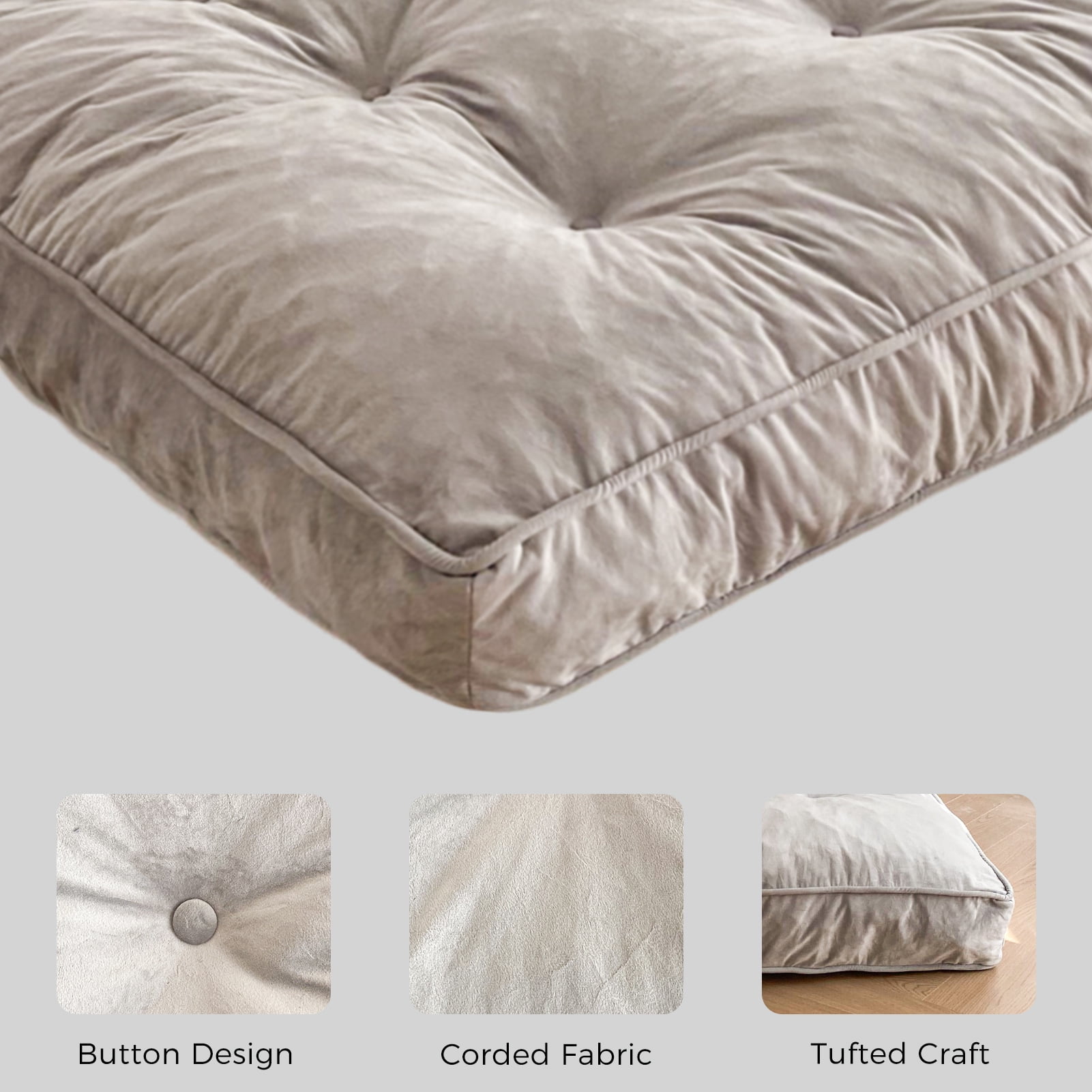 BYBYME 6" Futon Mattress,Velvet Thick Futons Sofa Couch Bed,Floor Mattress for Adults,Shredded Foam Filling,Grey Queen(Frame Not Included)