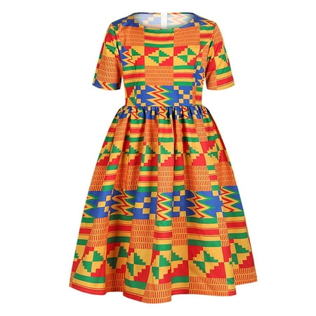 

Toddler Kids Baby Girls Dresses African Dashiki Traditional Style Short Sleeve Round Neck Dress Ankara Princess Dresses Outfits 1-6Y