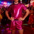 thumbnail image 2 of Men's Reversible Sequin Two Piece Short Sleeve Shirt Shorts Outfit Casual Parties Special Events With Sparkling Design Hot Pink S, 2 of 7