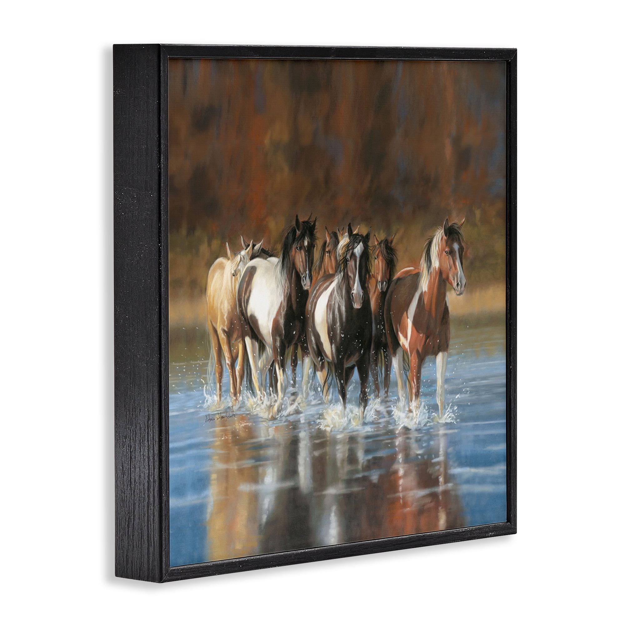 Stupell Industries River & Horses Scenery Animals & Insects Painting Black Framed Art Print Wall Art, 17 x 17