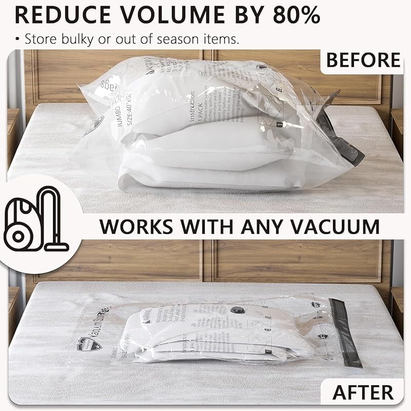 8 Jumbo Vacuum Storage Bags, Vacuum Seal Bags for Clothing, Travel Space Saver Bags for Luggage Clothes Pillows Comforters Blankets Bedding