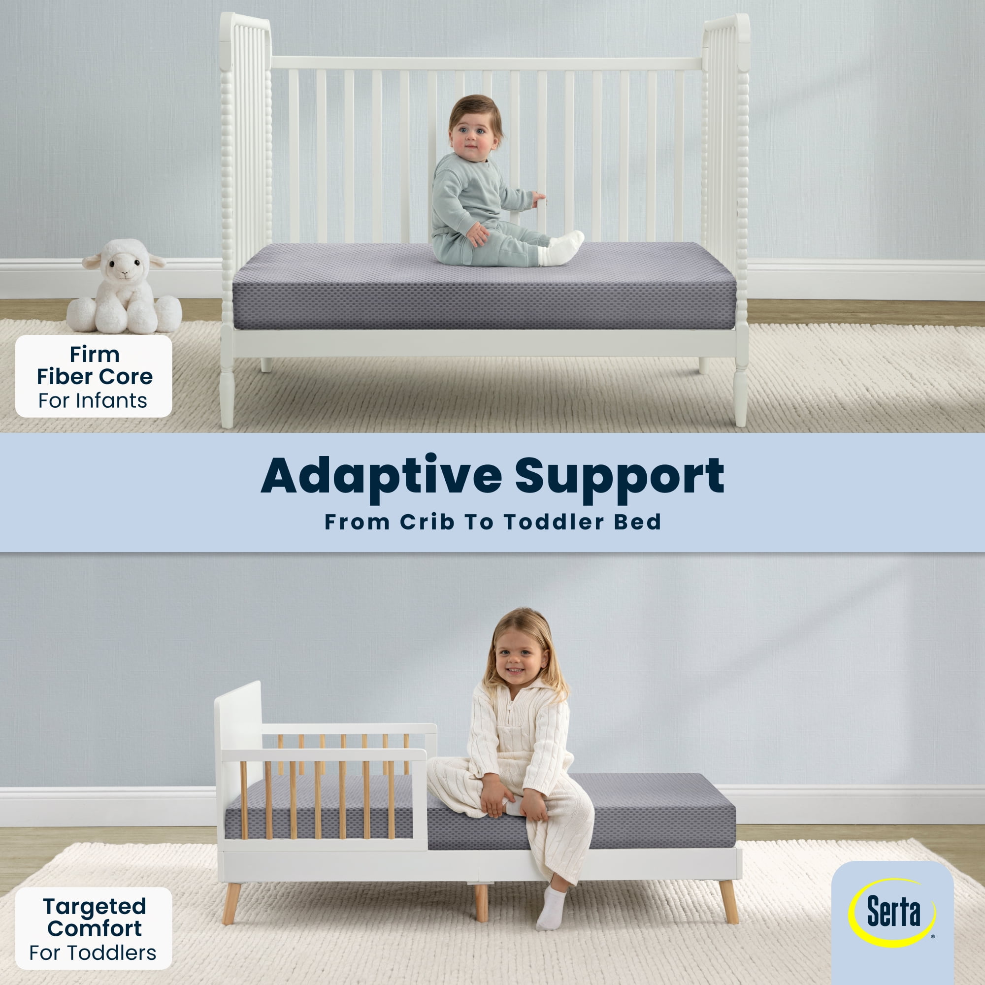 Serta Perfect Slumber Breathable Two-Stage Crib Mattress and Toddler Mattress - Breathable Cover and Fiber Core, Machine Washable Cover, Waterproof, 7 Year Warranty, A