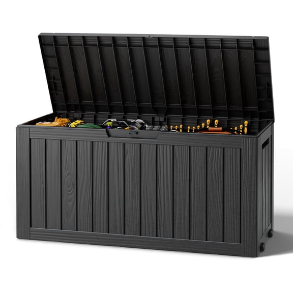 Nihsuao 80 Gallon Wood-grain Resin Deck Box, Lockable Weatherproof Outdoor Storage Bin for Patio Cushions, Garden Tools, and Backyard Use(Black)