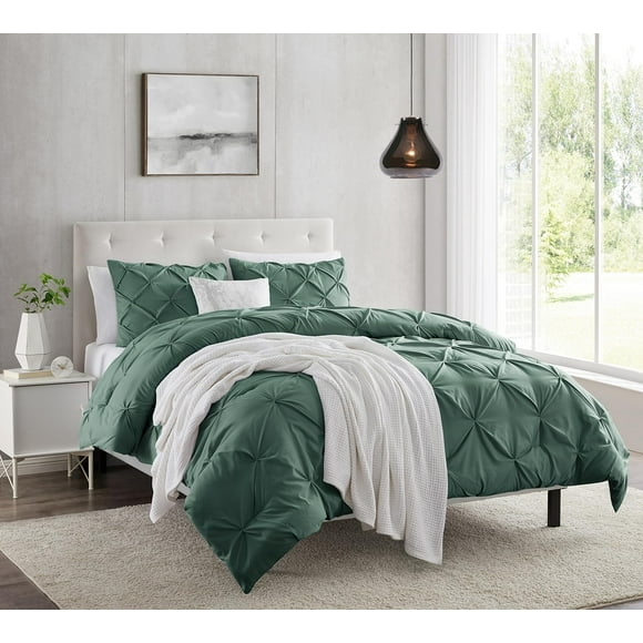 Green Duvet Cover Queen Size - Pintuck Queen Duvet Cover Set, 3 Piece Double