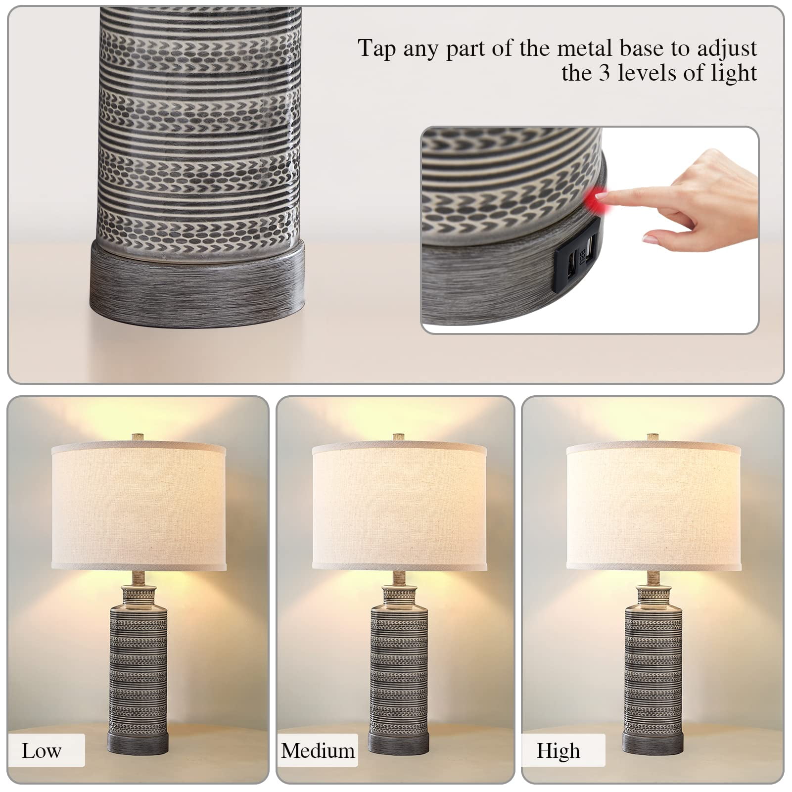 JUJUYUYOP Ceramic Table Lamp Set (2-Piece), 24" Three-Level Dimmable Bedside Lamp, Suitable for Bedrooms and Living Rooms