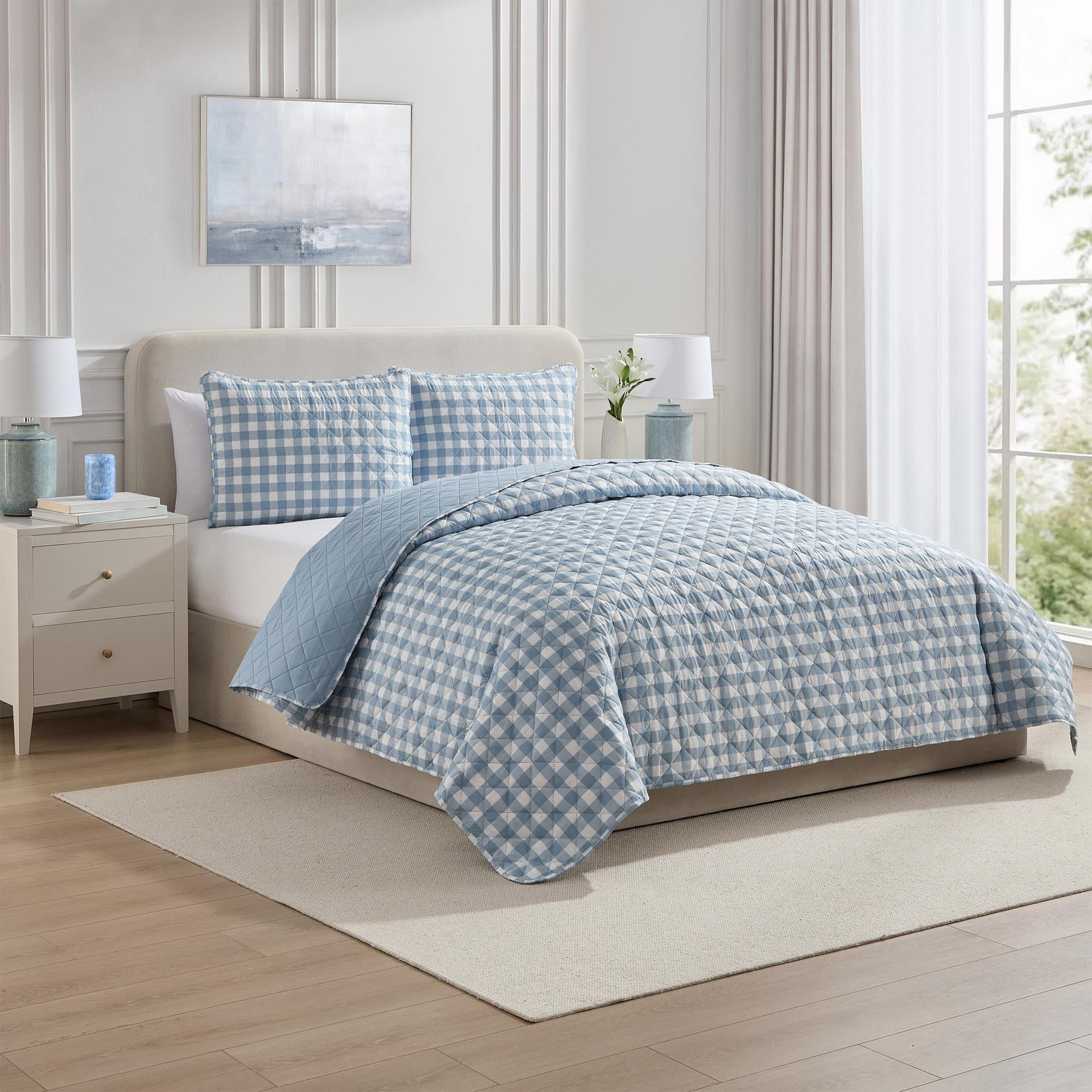 VCNY Home Blue Gingham 3-Piece Adult Microfiber Quilt Set, Full/Queen