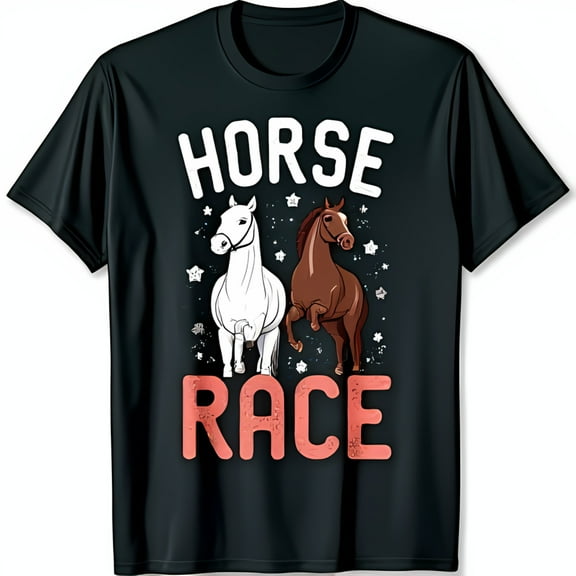 Black T-Shirt with Racing Horses Graphic HORSE RACE Design & Stars