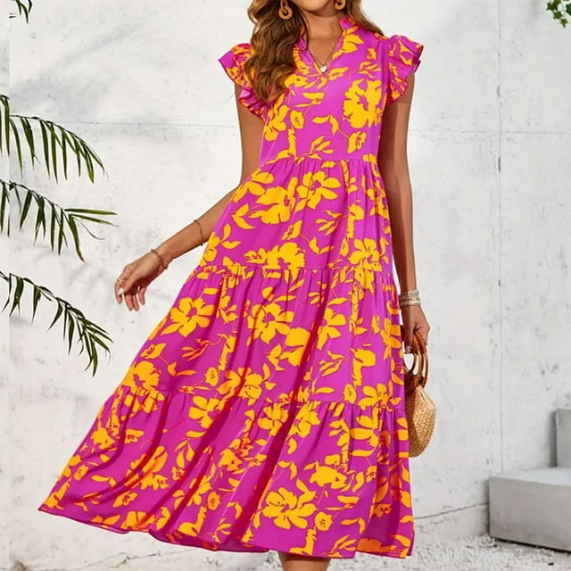 NARABB Robes Maxi d'Été pour Femmes Jupe à Volants Style Vacances Sans Manches Col en V Imprimée