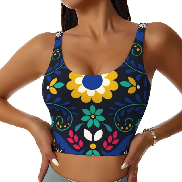 Balery Colorful Mexican Flower Sujetadores deportivos con espalda cruzada para mujer, acolchados, sin costuras, de alto impacto, ideales para yoga, gimnasio, entrenamiento y fitness.-