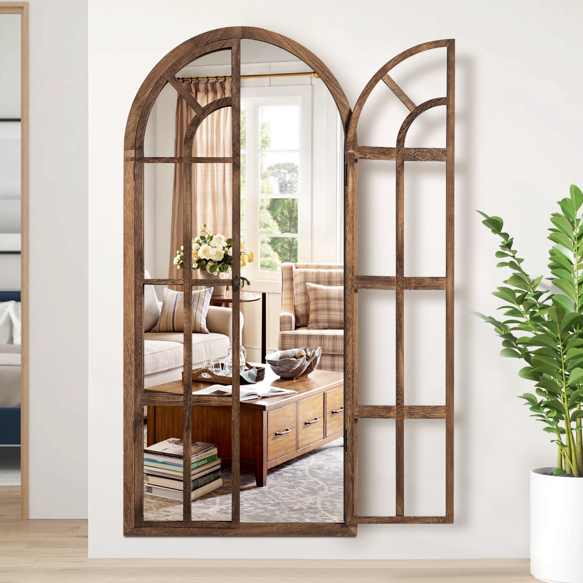 71"x32" Modern Arched Foldable Window Mirror Full Length Mirror Floor Mirror,Browen