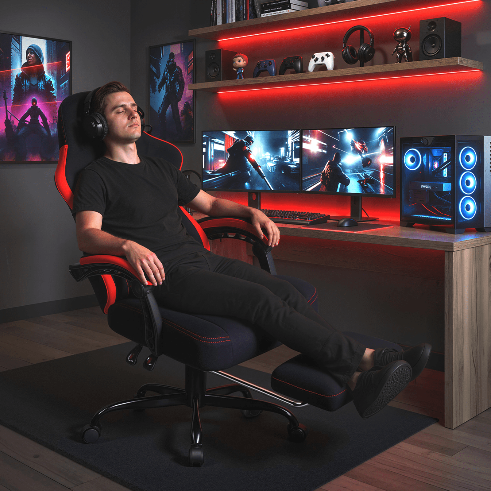 Waleaf Heavy Duty Gaming Chair with Footrest, Big and Tall Video Gaming Chair for Adults, Unique Lumbar Support and Linkage Armrest, Racing Style Game Chair