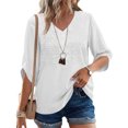 thumbnail image 6 of thefmos Women's V Neck Embroidered Blouse 3/4 Sleeve Loose Fit Solid Color Casual Pullover Fashion Spring Fall Outfit, White S, 6 of 9