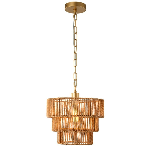 1-Light 3 Tier Brown Rattan Woven Chandelier for Bedroom, Living Room, Entryway