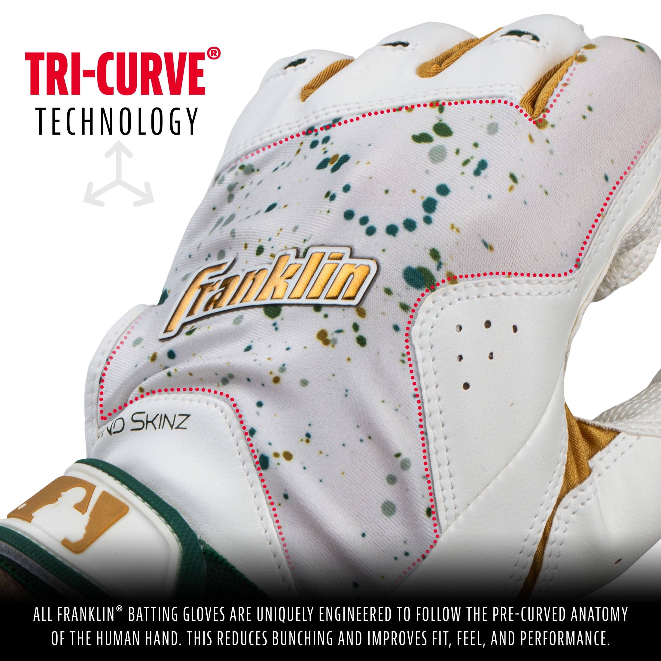 Franklin Sports MLB Batting Gloves - 2nd Skinz Drip Baseball + Softball Batting Gloves - Adult + Youth Premium Leather Pair - White + Forest Green - Adult Large