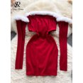 thumbnail image 3 of SINGREINY, vestido Sexy de estilo navideño para mujer, empalme de plumas sin tirantes con diseño de manga larga, Vestido corto elegante a la moda calado, 3 of 6