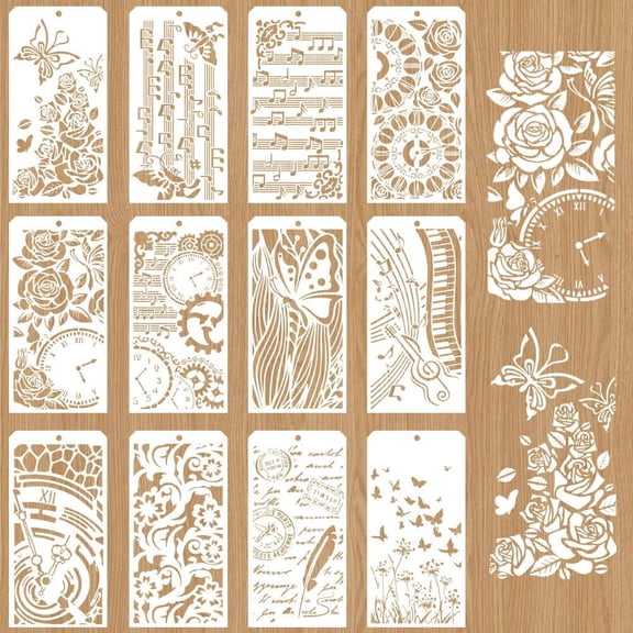 12 Pcs Decorative Painting Templates 12 Styles Butterfly and Music Notes Stencil Template Reusable Border Stencil for Painting on Tile Wall Scrapbooking Decor Drawing Tracing for DIY