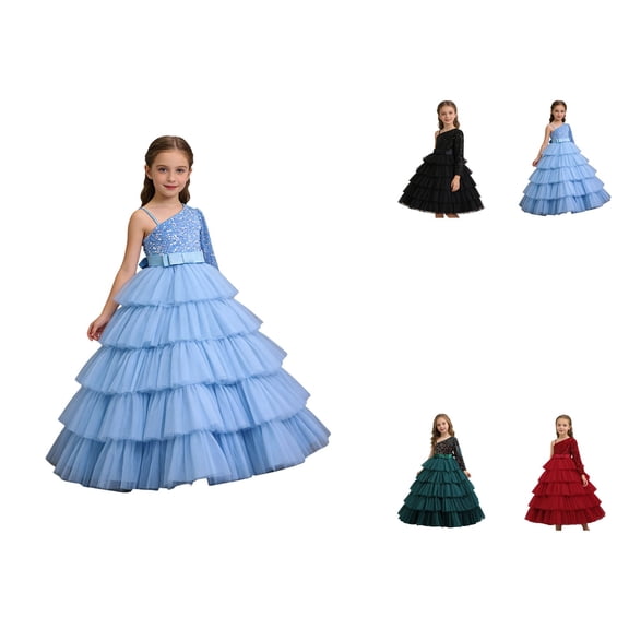 Girls Sequin Dress for Birthday Party, Piano Recital, or Evening Gown – One Shoulder Elegant Tutu with Bow, Short Pageant Style for First Communion and Flower Girl Events