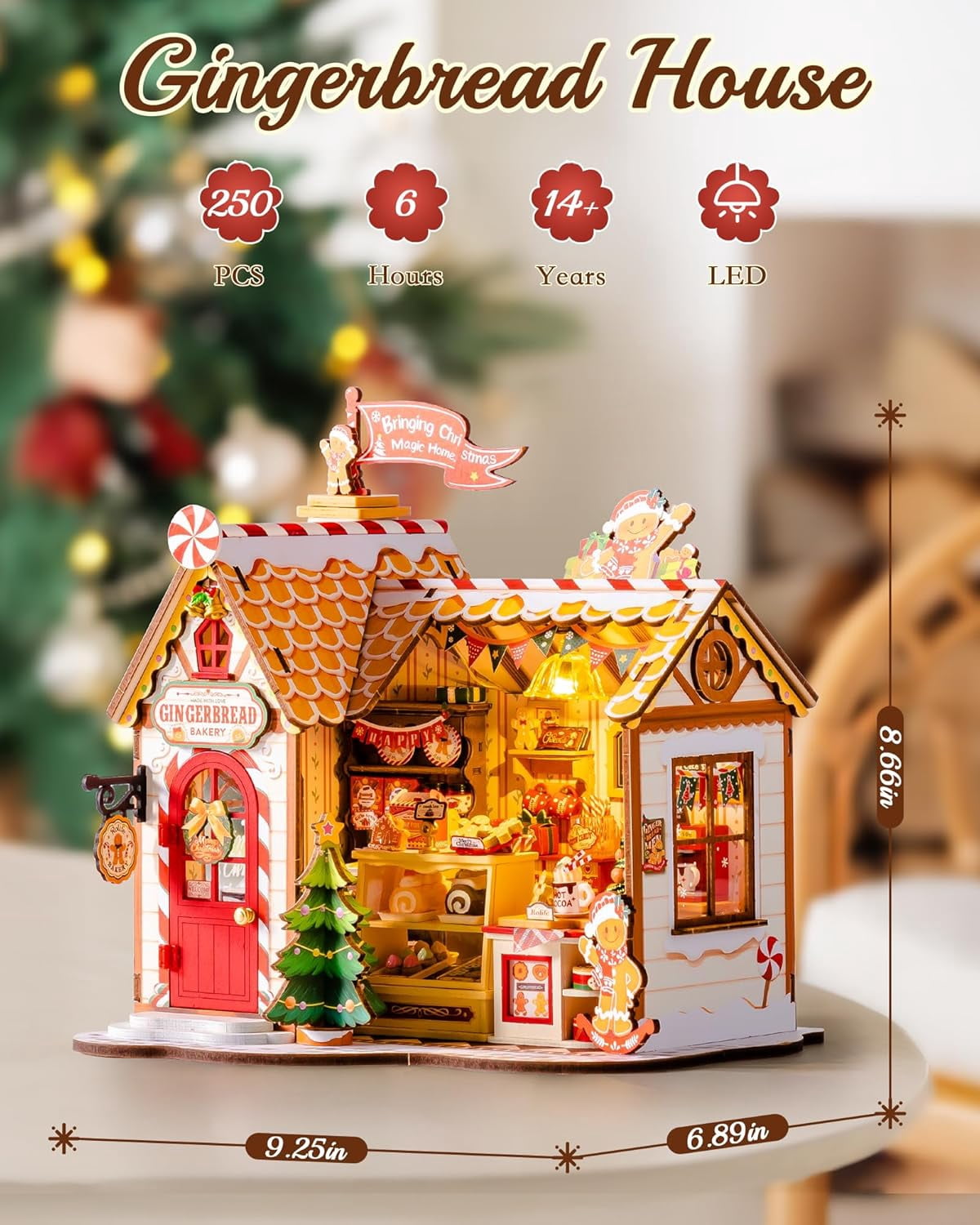 ROBOTIME Christmas Gingerbread House DIY Miniature House Kit,Mini Wooden Dollhouse Building Sets for Desk Decor,Tiny Home Craft Kits Gifts for Adults Teens