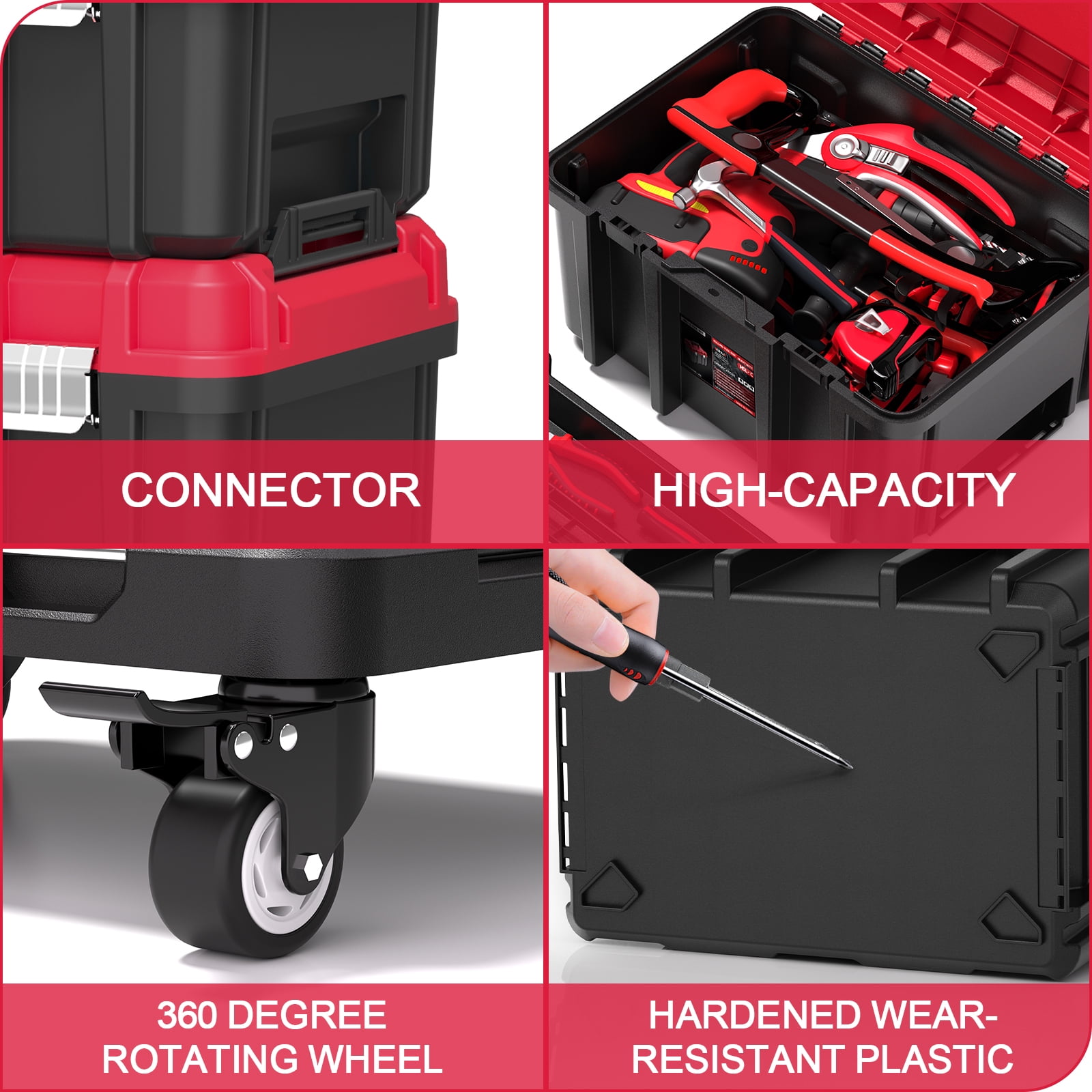 3-Tier Stackable & Connectable Rolling Tool Box with Lock | 17" Large Portable Tool Organizer System on Wheels for Garage & Professional Work