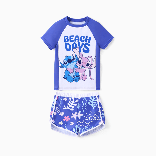 Disney Stitch Kid Girl 2pcs Character Tropical Floral Colorblock Print Short-sleeve Tops and Trunks UPF 50+ Swimsuit Set