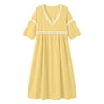 thumbnail image 4 of Lnmiateer Women Summer Boho Cotton‑Linen Dress V‑Neck 3/4‑Sleeve Pleated Lace Accent Lightweight Gauze Loose‑Fit Beach Vacation Daily Wear, 4 of 7