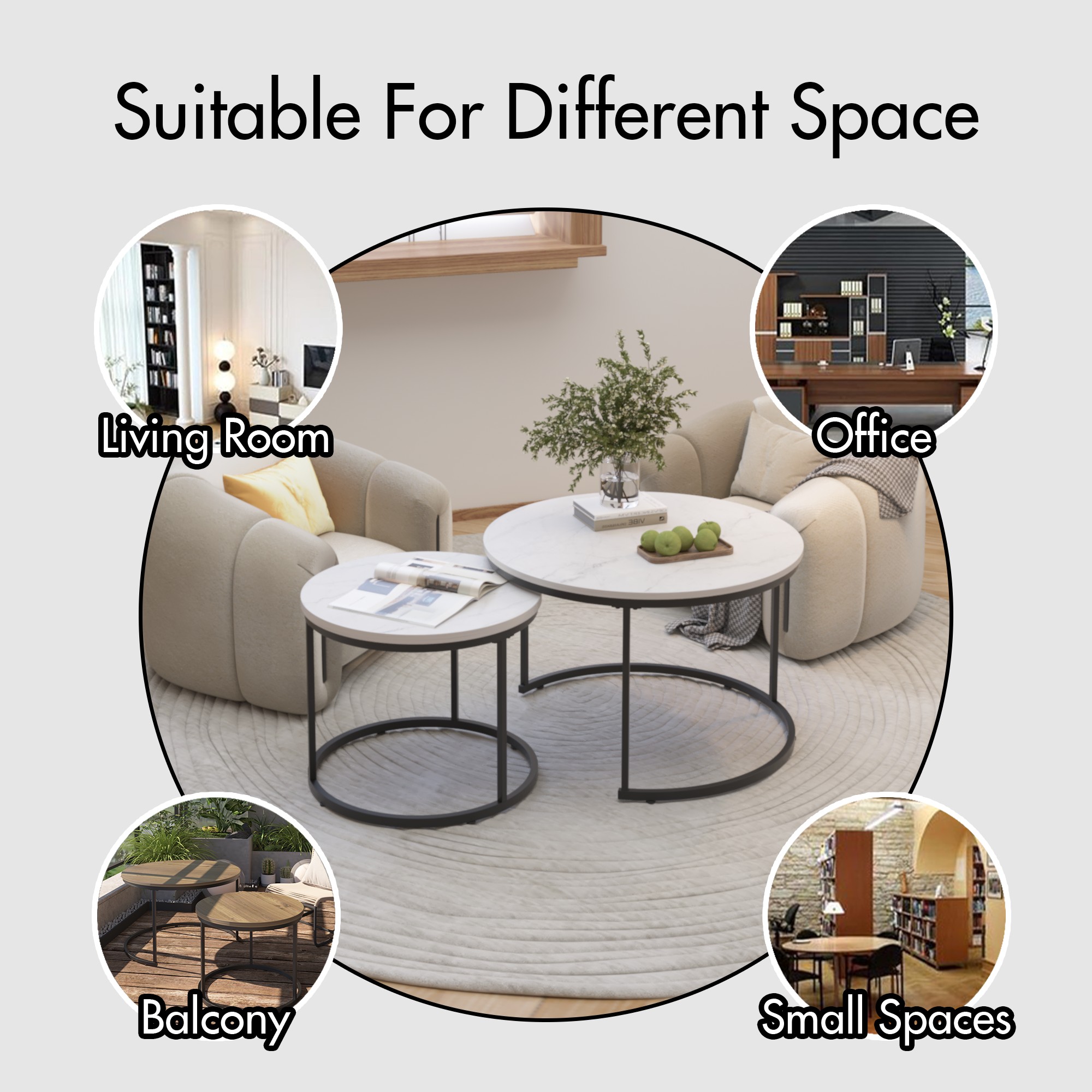 Coffee Table Set of 2,27.6 inch Round Coffee Table with Sturdy Metal Frame,End Table Side Tables for Living Room Bedroom,White