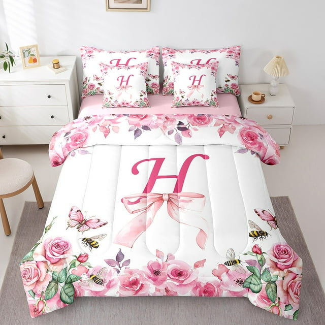 Erosebridal Ensemble de Douillette Simple 7 Pcs, Lettre Initiale Réversible Lit en Sac Simple, Ensemble de Literie Simple Alphabet à Nœud, Douillette A-Z, Drap Plat, Drap-Housse, Taies d'Oreiller, Couvre-Oreillers