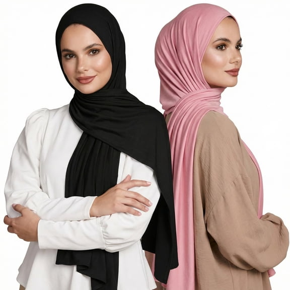 HUJHKIO 2 Pack Jersey Hijab for Women, Soft Stretchy Muslim Head Scarf Lightweight Breathable Shawl Wrap for Daily Wear, Sun Protection, Long 66.9 Inches, Black & Pink