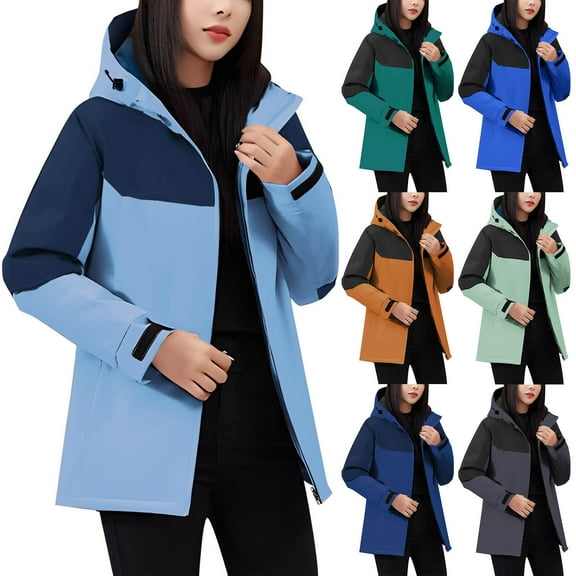 ATOYSOY Women's Windproof Ski Jackets Warm Long Sleeve Zip Pocket Hooded Jacket Windproof Hiking Jacket for Women Winter Blue L