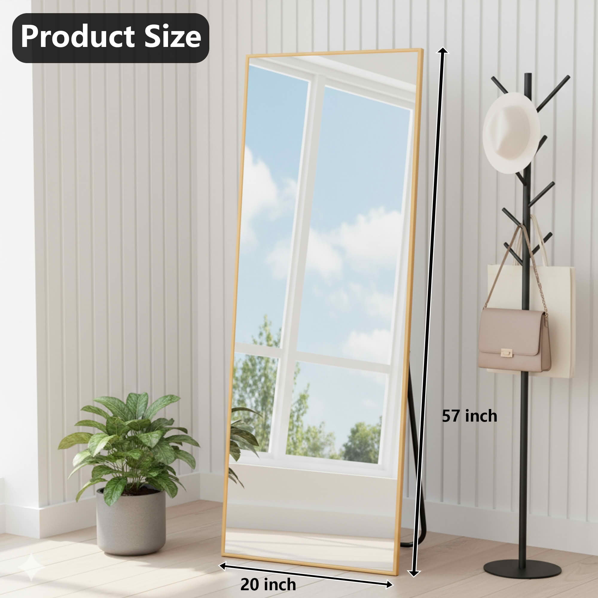 MAYEERTY 57x20in Aluminum Full-Length Mirror, Right Angle Tempered Glass With Stand, Gold