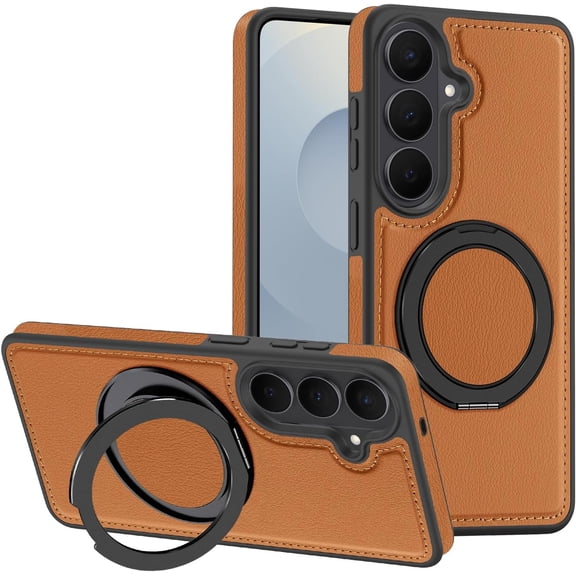 REQO Magnetic PU Leather Case Fit for Samsung Galaxy S26 Plus [Compatible with MagSafe][360-Degree Rotatable Ring Stand & Kickstand] Phone Cover for Samsung S26 Plus