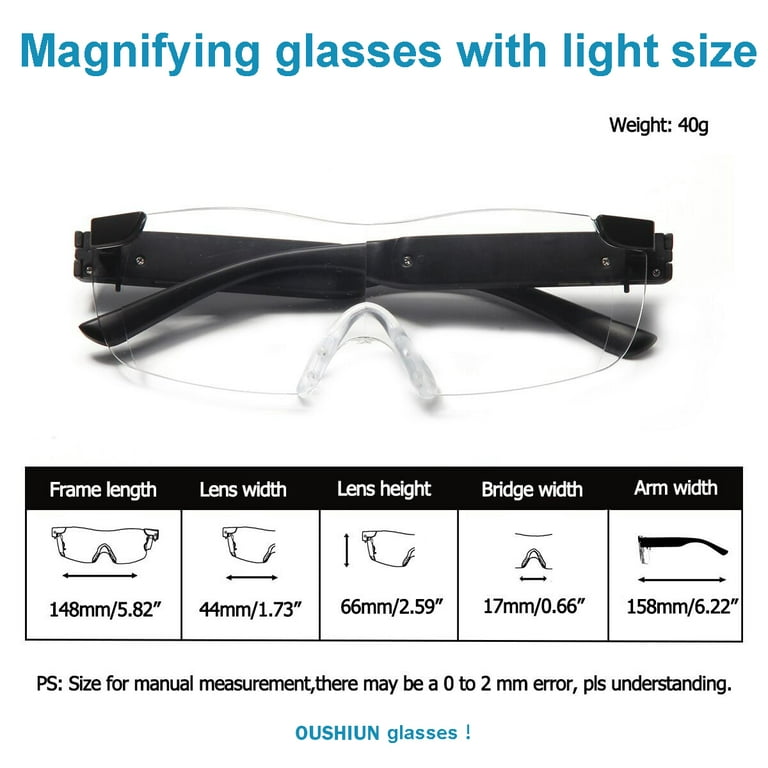 OuShiun Magnifying Glasses with Light, 160% Rechargeable LED Lighted  Magnification Eyeglasses, Mighty Bright Sight Hands Free Magnifier Glasses  for Close Work, Craft, Jewellers, Reading, Hobby 