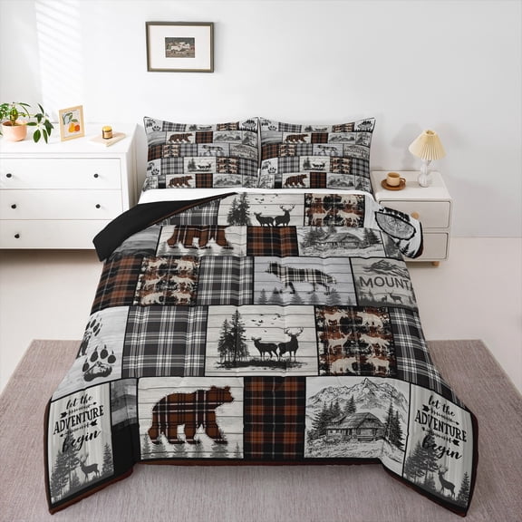 Erosebridal Rustic Cabin Comforter Set King Size Country Farmhouse Buffalo Plaid Bedding Sets,Woodland Bear Deer Wolf Bed Comforter Hunting Animal Wildlife Quilt Black Brown Grey Camper Car Decor
