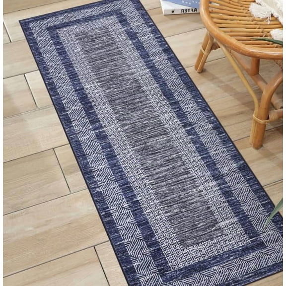 2x6 ft Washable Area Rug, Geometric Border Low Pile Non-Slip Indoor Polyester Rug for Living Room, Bedroom, Kitchen, Office, blue