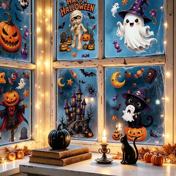Halloween Window Clings Decor, Reusable Static Window Stickers with Ghost Mummy Black Cat Pumpkin Bat Castle, Removable Glass Decals for Home Window Halloween Party Decorations