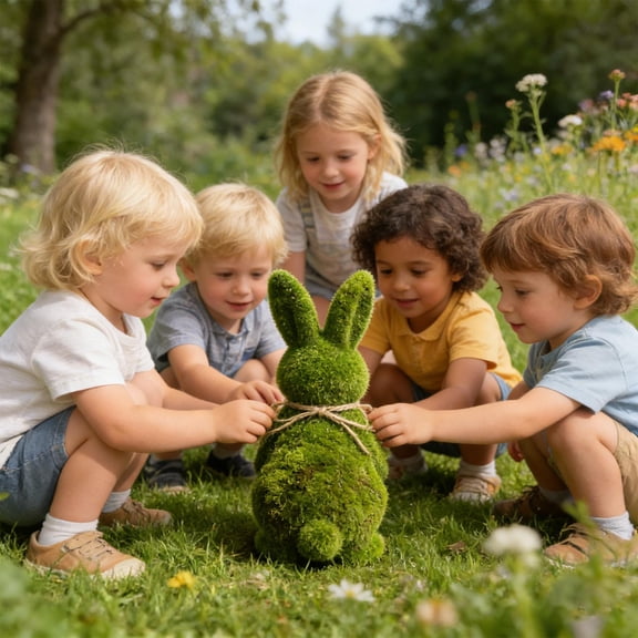 Easter Bunny Green Flocking Moss Sculpture Easter Flocked Rabbits Figurine for Desktop Decorations and Festive Party Atmospheres