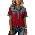 thumbnail image 5 of Denim Tops for Women Women Lapel Patchwork Button Up Tops with Denim Collar Short Sleeve Dressy Western 2026 Pullover (Red,M), 5 of 5