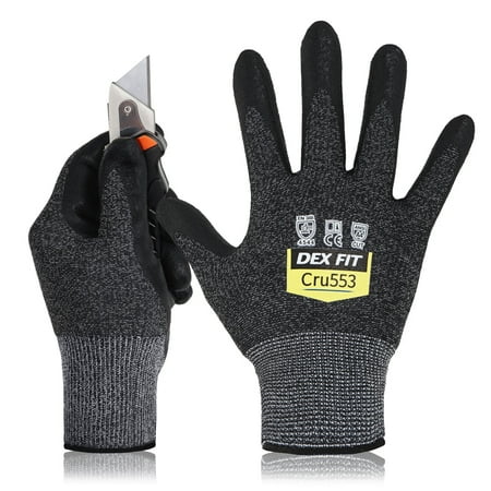 

DEX FIT Level 5 Cut Resistant Gloves Cru553 3D Comfort Stretch Fit Power Grip Durable Foam Nitrile Pass FDA Food Contact Smart Touch Thin & Lightweight Black Grey 8 (M) 1 Pair
