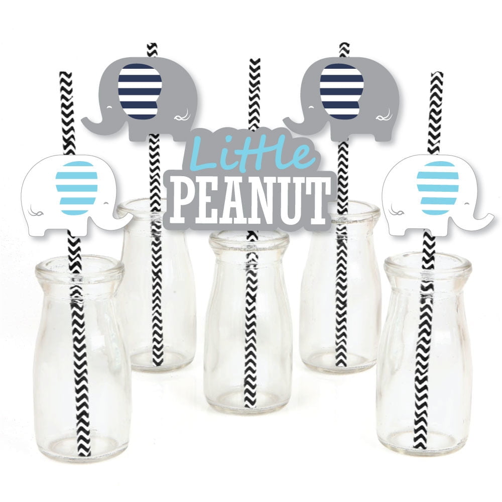 Blue Elephant - Paper Straw Decor - Boy Baby Shower or Birthday Party Striped Decorative Straws - Set of 24