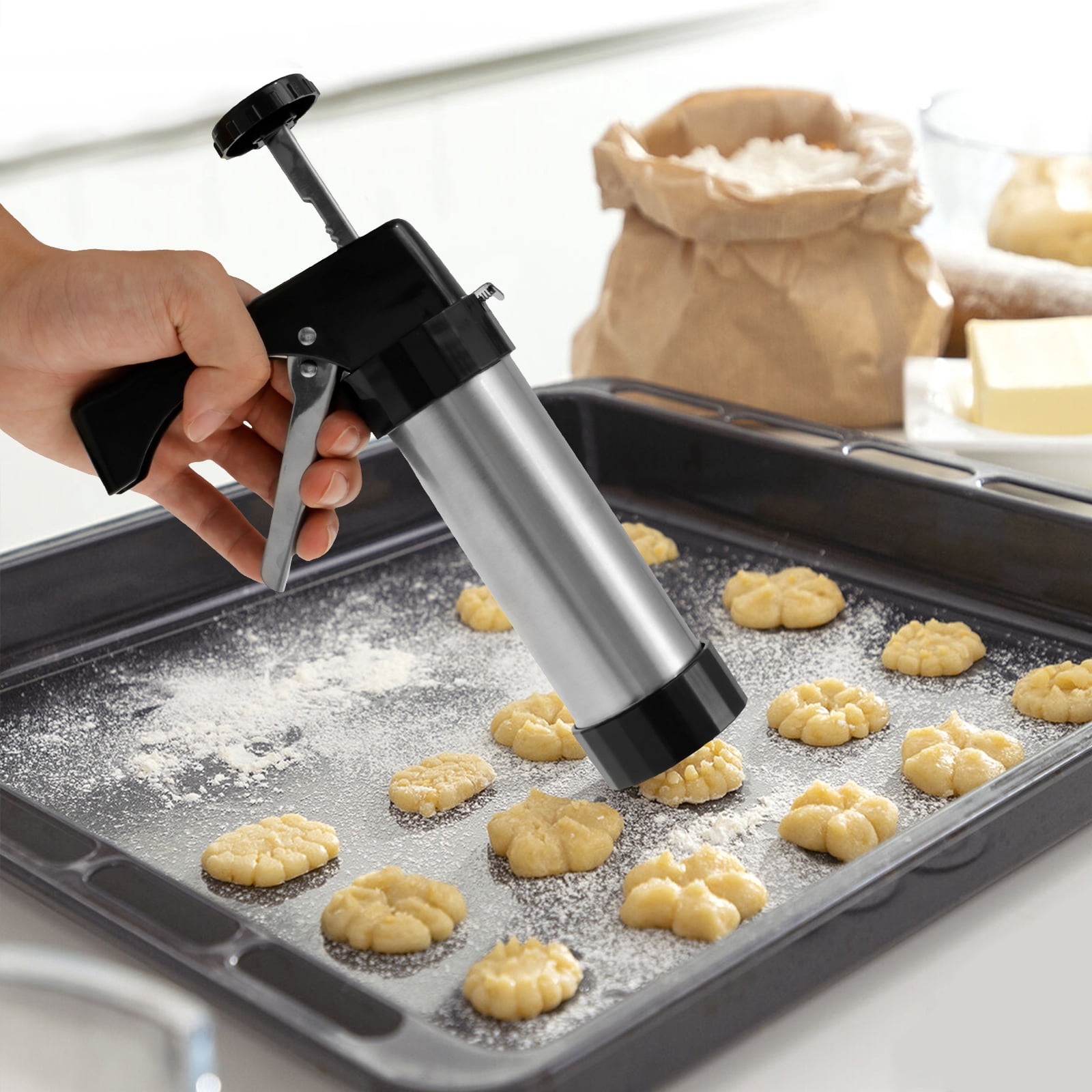Austok Churro Maker Machine Stainless Steel Cookie Press Kit DIY Cookie Maker Machine with 6 Icing Nozzles Multifunctional Cookies Maker Kit for Making and Decorating Cookies Biscuits