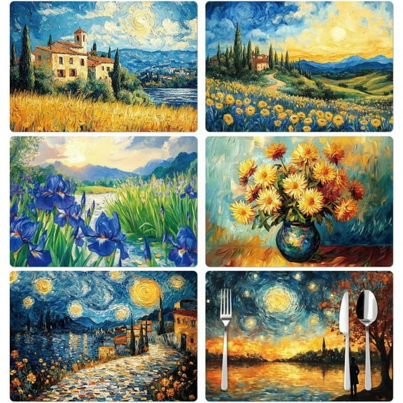 Placemats Set of 6 Vintage Landscape Oil Painting 12"x18" Waterproof Washable Table Place Mats for Indoor Outdoor Farmhouse Party Kitchen Dining Table Decoration diy