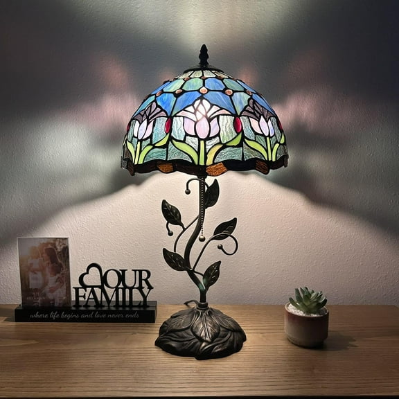 Tiffany Table Lamp Blue Purple Stained Glass Tulips Iron Metal Leaves Bronze Base Included LED Bulb for Living Room Dining Room Bedroom Bedside 12"W*12"D*22"H