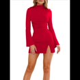 thumbnail image 2 of Vestido de Mujer con Mangas Largas Cruzadas, Volantes, Dobladillo Ajustado, Abertura, Cuello Medio Alto, Falda Corta, Cintura Ajustada. Rojo L, 2 of 9