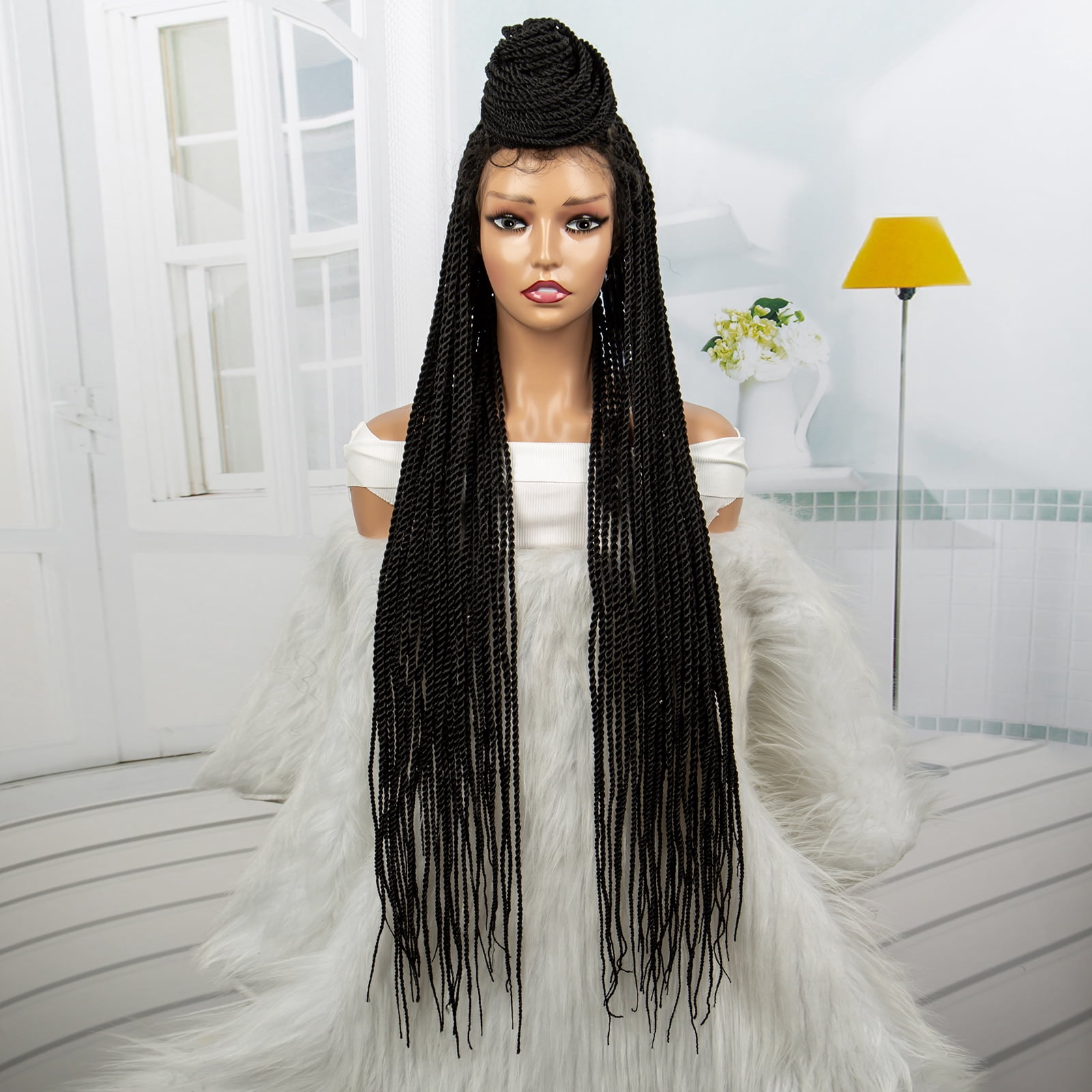 Super Long 40 Inches Twist Braided Wigs Synthetic Full Lace Frontal Wig Knotless Braiding Wigs Pre Plucked with Baby Hair for Black Women Black Color