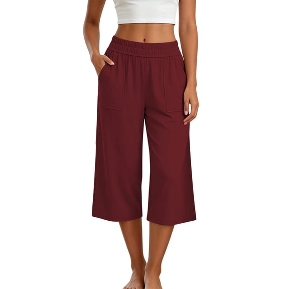 Enjoytime Women's Capri Pants Elastic Waist Straight Wide Leg Cropped Trousers Plus Size Fashion Casual Lounge Pants with Pocket